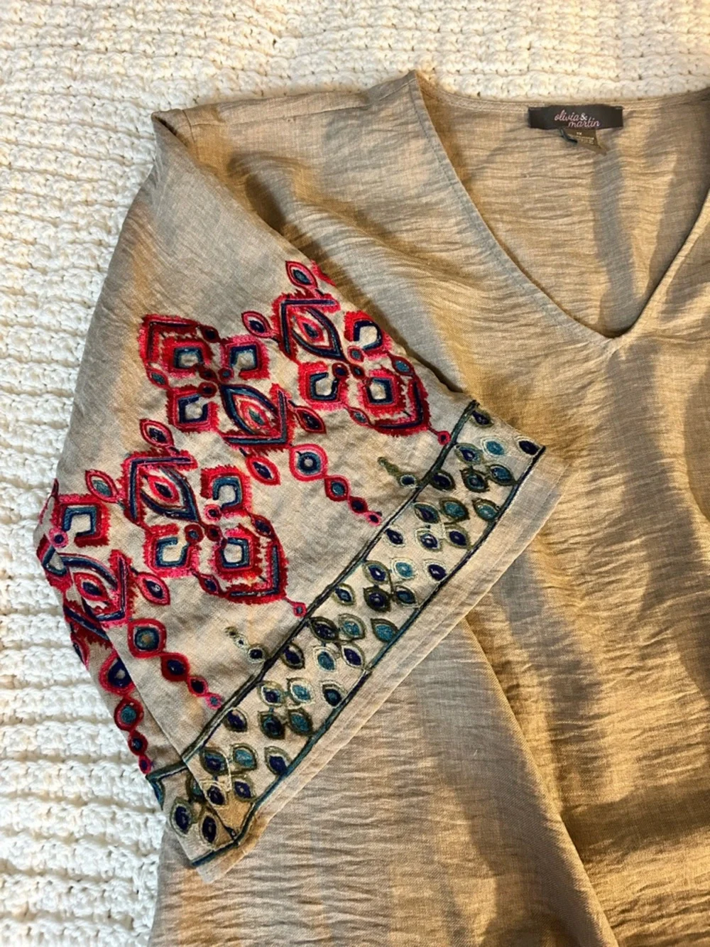 V-Neck Tie-Front Embroidered Sleeve Blouse - Beige with Red & Teal Embroidery